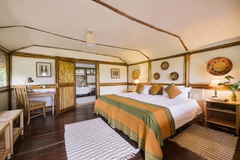 An en-suite safari lodge room at Buhoma, on the edge of Bwindi Impenetrable Forest, Uganda