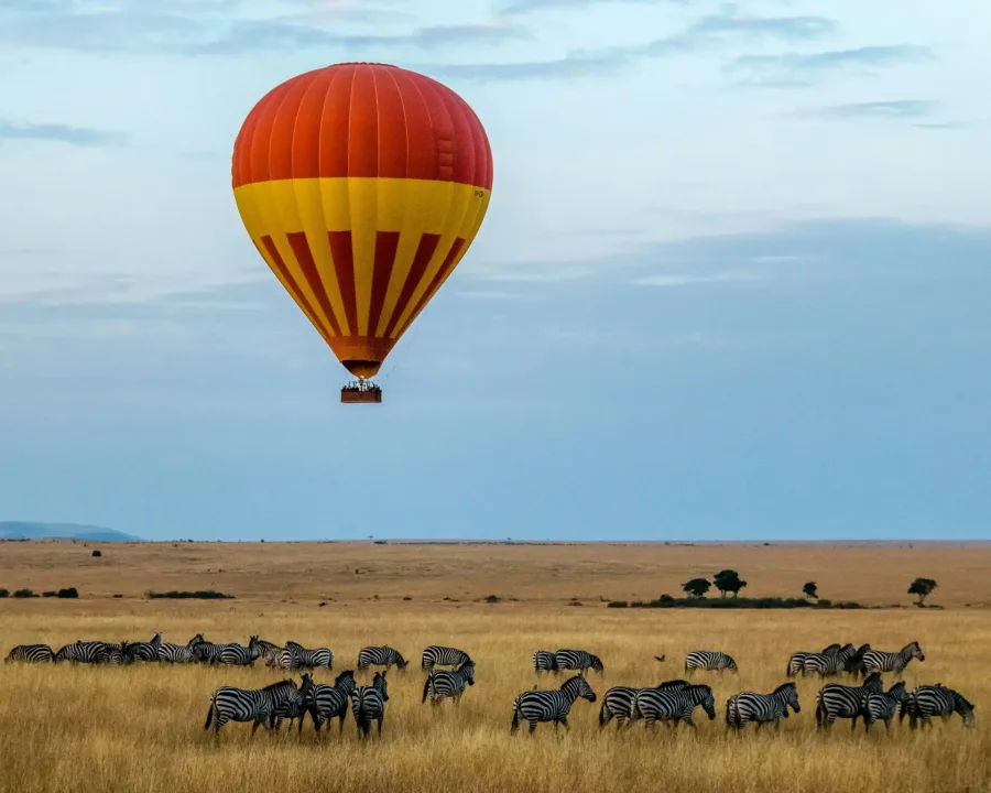 A hot air balloon over plains game on the 11 Days Best of Southern Tanzania Safari